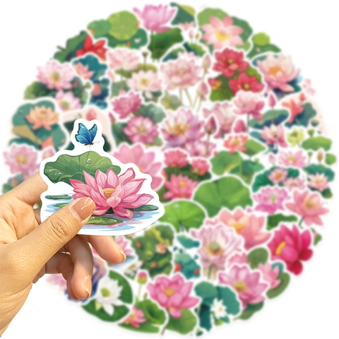 50 Stück Rosa Lotus Cartoon Aufkleber Wasserdichte Blumen Decals Für Laptop Gepäck Notizbuch DIY Dekorative PVC Sticker Für Mädchen