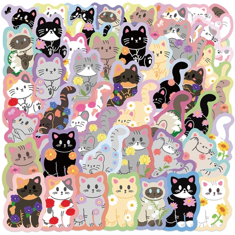 Autocollants en PVC Imperméables Chat de Dessin Animé Floral pour Ordinateur Valise Journal Scrapbooking Décoratif