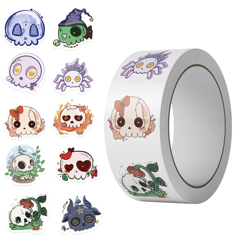 Rotolo di Adesivi Teschio Groovy Impermeabili PVC Cartoon Halloween Etichette Decorative per Scrapbooking Buste Fai da Te