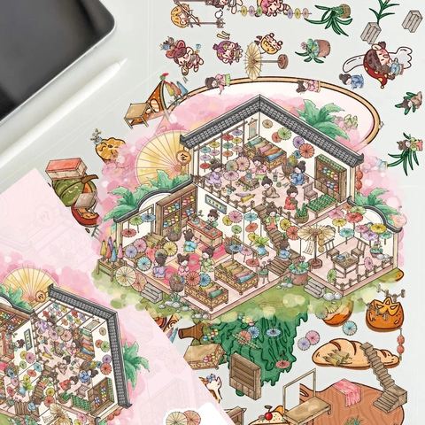 Pegatinas De Paisaje En Capas 3D Para Scrapbooking DIY Estilo Chino Antiguo Tienda De Paraguas De Papel De Aceite PET