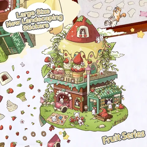 Adesivi Impermeabili in PET Scena 3D Isometrica a Forma di Casa Fragola per Decorazione DIY Hand Account Scrapbook