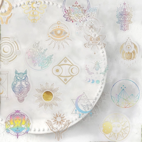 Adesivi PET Mistici Celesti in Lamina d'Oro Olografici Sole Luna Occhio Decalcomanie Decorative Impermeabili Per Scrapbooking Journal