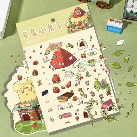 Adesivi Impermeabili in PET Scena 3D Isometrica a Forma di Casa Fragola per Decorazione DIY Hand Account Scrapbook
