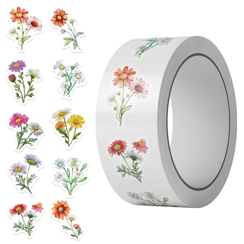 Aquarell Blumen Aufkleber PVC Wasserdicht Selbstklebend Handgemalt Gänseblümchen Wildblumen Decals Für Scrapbooking Journaling Geschenkverpackung Briefumschlag Versiegelung DIY Handwerk Dekorative Etiketten
