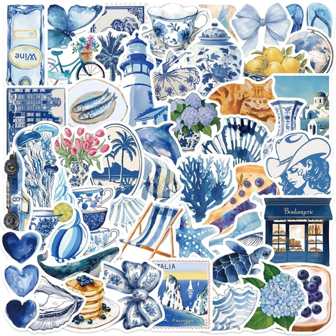 Adesivi Estetici Acquerello Blu PVC Impermeabile Decalcomanie Decorative Per Laptop Chitarra Bagagli Arte Dipinta a Mano Stile INS
