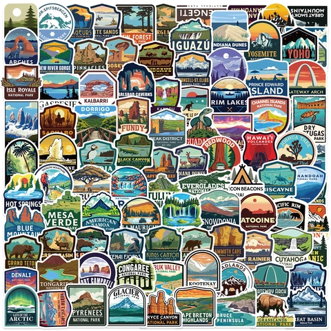 Vintage National Park Stickers Waterproof PVC Decorative Landscape Decals For Laptop Luggage Water Bottle Guitar Outdoor Adventure Illustrations Retro Style For Teens Adults