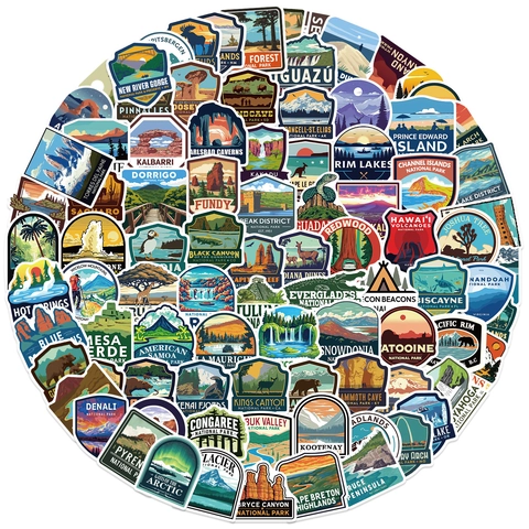 Vintage National Park Stickers Waterproof PVC Decorative Landscape Decals For Laptop Luggage Water Bottle Guitar Outdoor Adventure Illustrations Retro Style For Teens Adults