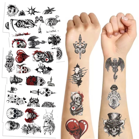 Impermeabile Gotico Bianco Nero Teschio Adesivi Per Tatuaggi Temporanei Per Halloween Festa Usa E Getta Trasferimento Ad Acqua Carta Adesivi