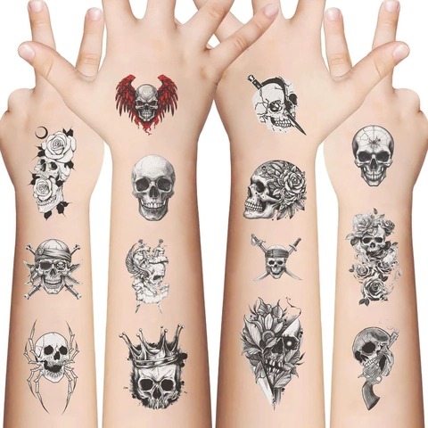 Impermeabile Gotico Bianco Nero Teschio Adesivi Per Tatuaggi Temporanei Per Halloween Festa Usa E Getta Trasferimento Ad Acqua Carta Adesivi