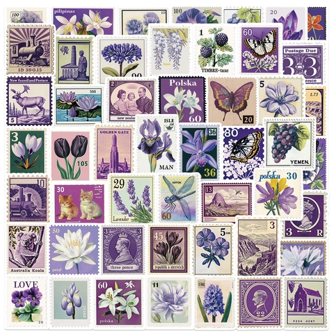 Adesivi Francobolli Vintage Viola Impermeabili PVC Estetici Decorativi Per Laptop Chitarra Bagaglio Scrapbooking Fai Da Te
