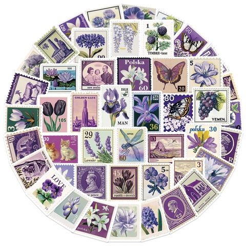 Adesivi Francobolli Vintage Viola Impermeabili PVC Estetici Decorativi Per Laptop Chitarra Bagaglio Scrapbooking Fai Da Te
