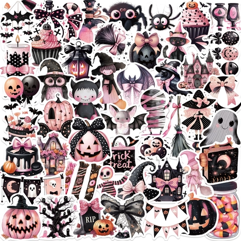 Cute Pink Black Halloween Stickers PVC Waterproof DIY Decorative Decals For Laptop Guitar Suitcase Stationery Decor
