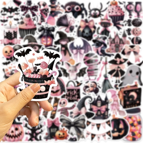 Cute Pink Black Halloween Stickers PVC Waterproof DIY Decorative Decals For Laptop Guitar Suitcase Stationery Decor