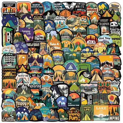 Adesivi da Campeggio Impermeabili Outdoor Retro Escursionismo RV Montagna Foresta Laptop Chitarra Bagaglio Fai Da Te