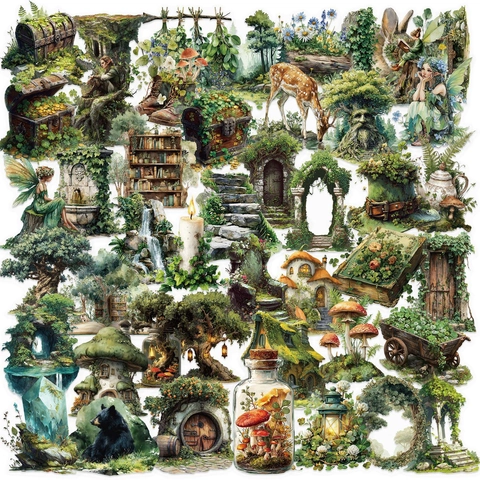 Adesivi Fantasy Foresta in PET Impermeabili per Scrapbooking Journaling Laptop Decalcomanie Naturali Botaniche Verdi