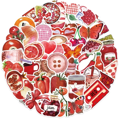 50Pcs Red Theme Waterproof PVC Stickers For Scrapbooking Laptop Suitcase Guitar DIY Hand-painted Decorative Stickers