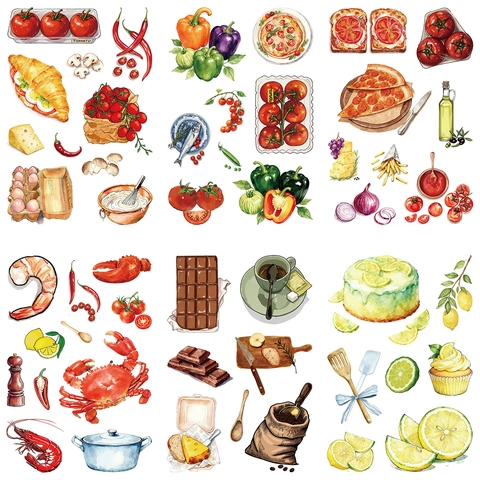 Watercolor Food Stickers DIY Scrapbooking Decorative Stickers Waterproof PVC Cartoon Fruit Pizza Vegetable Journaling Stickers