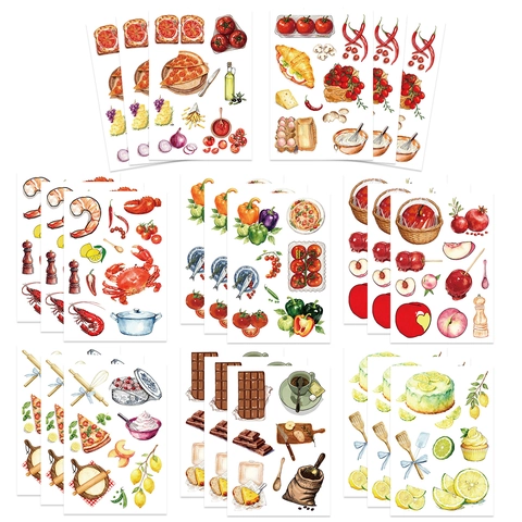 Watercolor Food Stickers DIY Scrapbooking Decorative Stickers Waterproof PVC Cartoon Fruit Pizza Vegetable Journaling Stickers