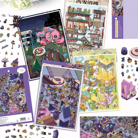 Halloween DIY 3D Miniature Scene Sticker Set Waterproof PET Stickers Cartoon Illustration Decorative Decals For Scrapbooking