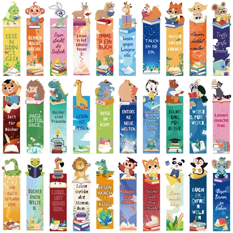 Segnalibri di Carta con Citazioni in Tedesco e Animali dei Cartoni Animati Illustrazioni Carine per Studenti Ufficio Scuola