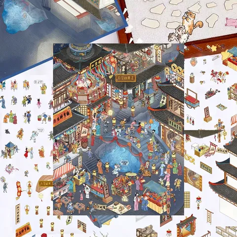 Ancient Chinese Fantasy Chang'an Demon Market 3D Scenery PET Sticker Set DIY Journal Scrapbooking Decorative Scene Decals