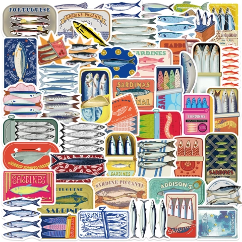 50 Pegatinas Decorativas de Latas de Sardinas Vintage Etiquetas Impermeables de PVC para Portátil Guitarra Maleta Scrapbooking DIY