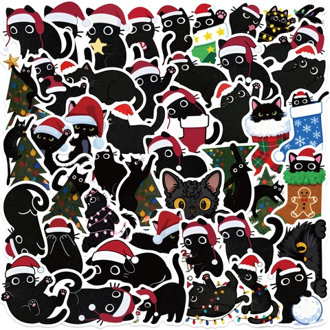 Adesivi di Natale con Gatto Nero in PVC Autoadesivo Impermeabile per Laptop Valigie Chitarra DIY Decorazioni Festive Adesivi