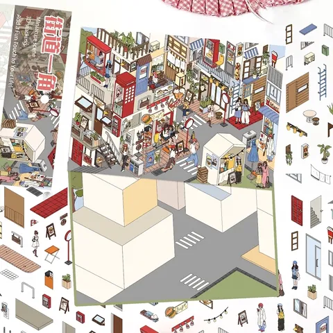 Cartoon City Street Corner Miniature World 3D Stickers Waterproof PET Decorative Decals For DIY Scrapbooking Hand Account