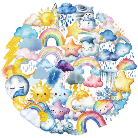 Adesivi Meteorologici Acquerello Simpatico Cartone Animato Sole Nuvola Arcobaleno Disegnati a Mano Decorativi Impermeabili PET Trasparenti Decalcomanie Per Laptop Scrapbook