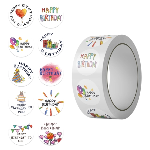 Alles Gute Zum Geburtstag Aufkleber Rund Cartoon Bunt Ballon Kuchen Muster Etikett Aufkleber Für Party Deko Umschlag Siegel