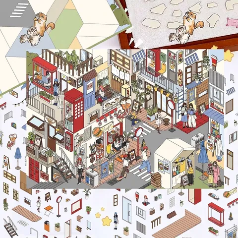 Cartoon City Street Corner Miniature World 3D Stickers Waterproof PET Decorative Decals For DIY Scrapbooking Hand Account