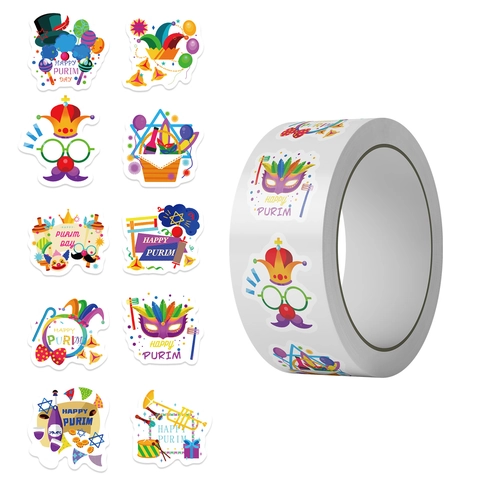 Fröhliches Purim Dekorativer Aufkleber Rolle Festliche Cartoon Maske Clown Hut Muster PVC Klebeetiketten Für Umschlag Versiegelung