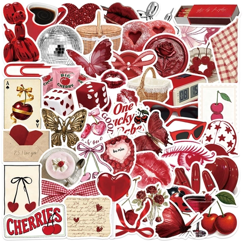 50 Pezzi Adesivi Graffiti Ciliegia Y2K Rossi Vintage Impermeabile PVC Decalcomanie Estetiche Per Laptop Valigia Chitarra DIY
