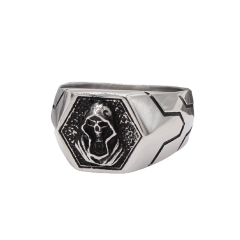 Anello Sigillo in Acciaio al Titanio Teschio Grim Reaper per Uomo Vintage Esagono Distressed Wizard Fashion Gioielli