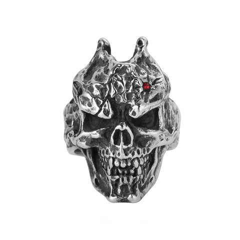 Anello Gotico Punk a Forma di Teschio per Uomo Acciaio Inossidabile Invecchiato Occhio di Strass Rosso Gioielli Biker