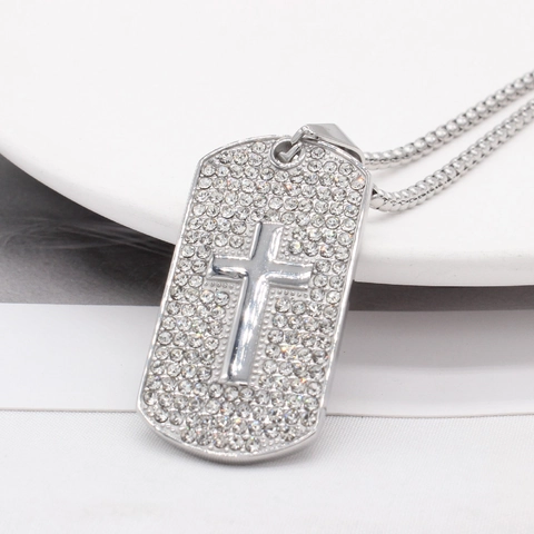 Ciondolo da Uomo Hip Hop Piastrina Militare con Croce in Acciaio al Titanio Strass Intarsiato Gioielli Religiosi Senza Catena