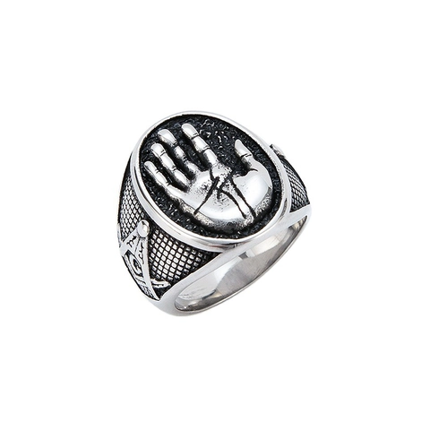 Retro Stainless Steel Freemasonry Ring For Men Vintage Hand Relief Pattern Two Tone Gold Silver Color Masonic Jewelry Ring