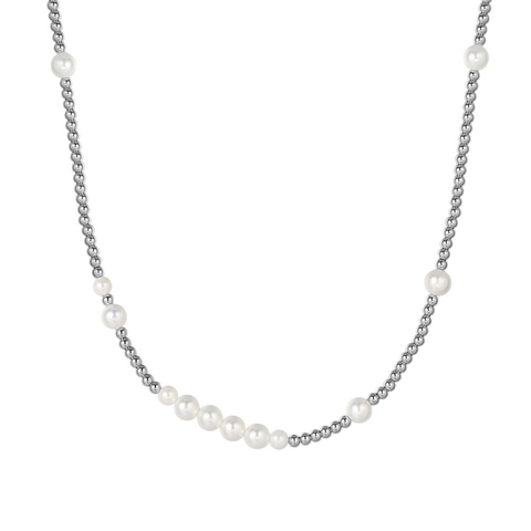 Hip Hop Stainless Steel Artificial Pearl Beaded Necklace For Women Men Retro Silver Metal Ball Gradient Pearl Chain Adjustable Fashion Jewelry Gift