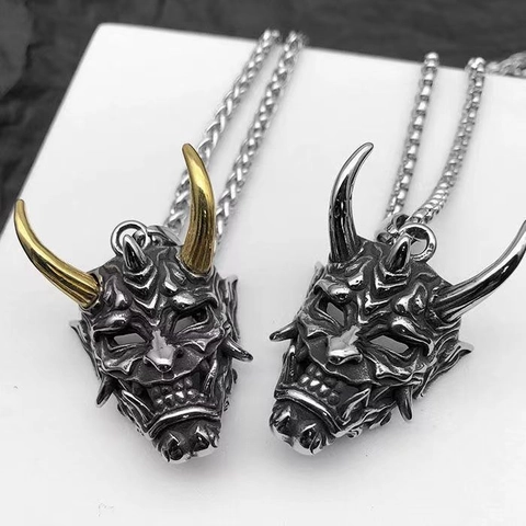 Vintage Japanese Hannya Mask Pendant Necklace Titanium Steel Ghost Demon Oni Face Jewelry For Men Punk Gothic Accessory