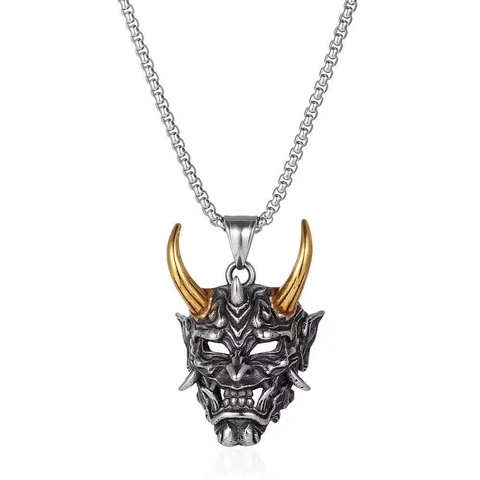 Vintage Japanese Hannya Mask Pendant Necklace Titanium Steel Ghost Demon Oni Face Jewelry For Men Punk Gothic Accessory