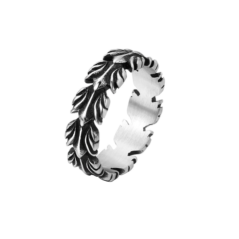 Vintage Stainless Steel Feather Laurel Leaf Band Ring Retro Punk Gothic Wheat Pattern Jewelry For Men Gift Accessories