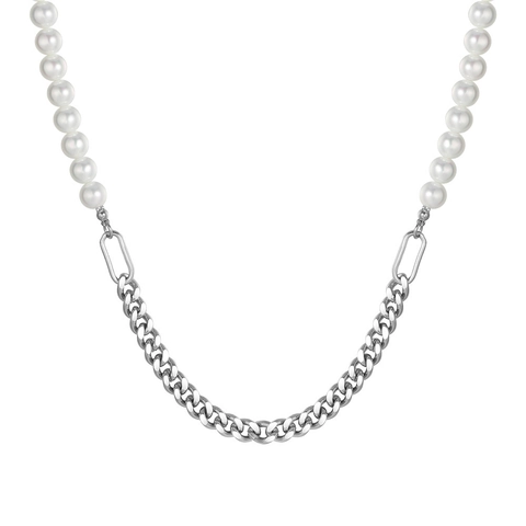 Collar Minimalista de Acero Inoxidable Con Perlas Artificiales de Imitación de Empalme Para Mujer Hombre Elegante Cadena Cubana Perlas Artificiales Redondas Blancas