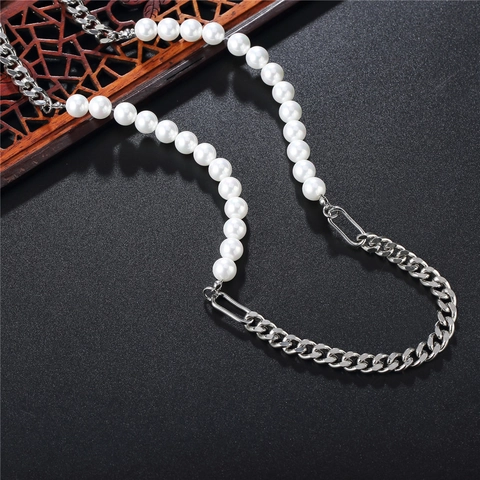 Collar Minimalista de Acero Inoxidable Con Perlas Artificiales de Imitación de Empalme Para Mujer Hombre Elegante Cadena Cubana Perlas Artificiales Redondas Blancas