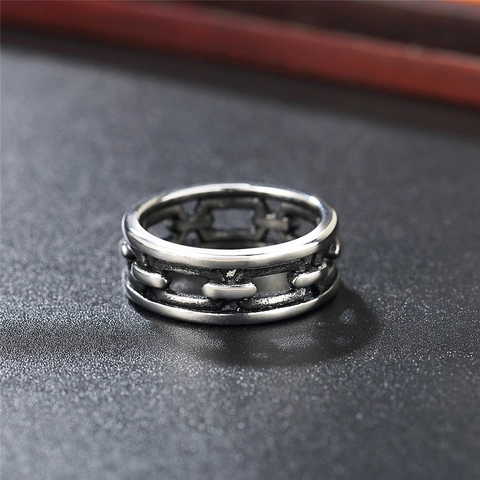 Vintage Punk Stainless Steel Ring For Men Women Hollow Chain Design Industrial Style Oxidized Retro Band Jewelry