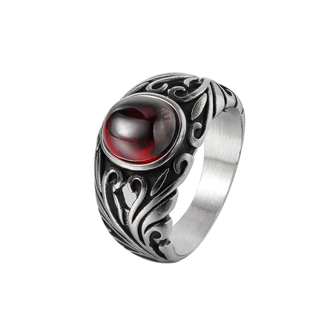 Vintage Gothic Stainless Steel Men Ring With Large Oval Red Stone Intricate Carved Scrollwork Pattern Retro Punk Jewelry