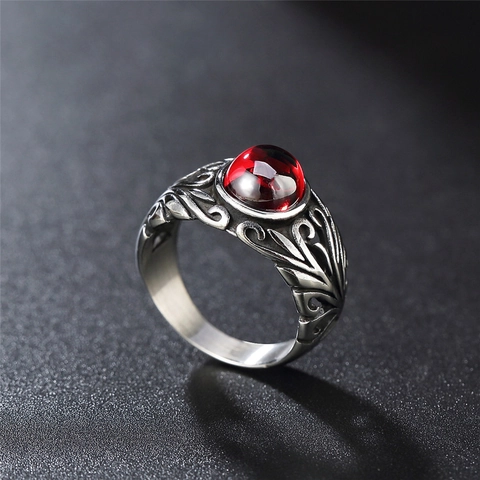 Vintage Gothic Stainless Steel Men Ring With Large Oval Red Stone Intricate Carved Scrollwork Pattern Retro Punk Jewelry