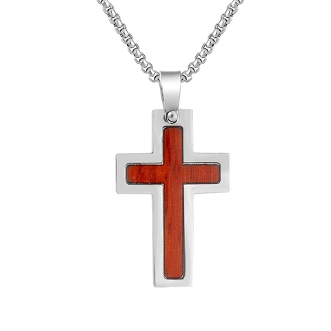 Vintage Roestvrij Staal Hout Inlay Kruis Hanger Halsketting Religieuze Mode Sieraden Voor Mannen Vrouwen Dagelijks Geschenk