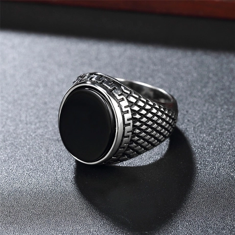 Bague pour Hommes en Acier Inoxydable Vintage Avec Pierre Précieuse Ronde Motif Clé Grecque Rétro Punk Bijoux de Doigt Cadeau
