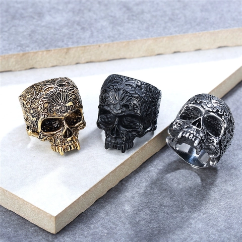 Anillo de Calavera Gótica Vintage para Hombre de Acero Inoxidable Titanio Tallado Floral Punk Rock Band Joyería Anillo Decorativo