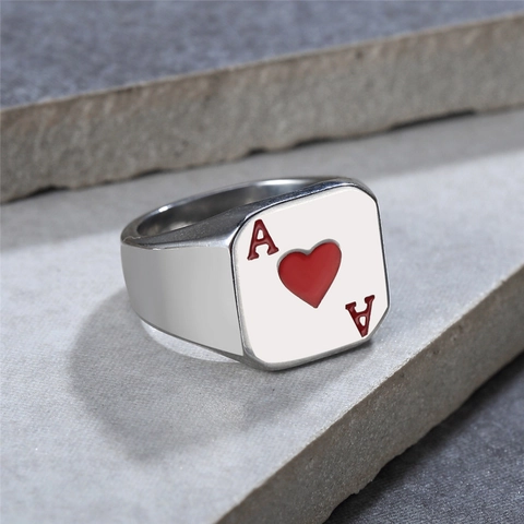 Vintage Titanium Steel Ace of Hearts Poker Card Signet Ring For Men Red Enamel Geometric Band Ring Fashion Accessory